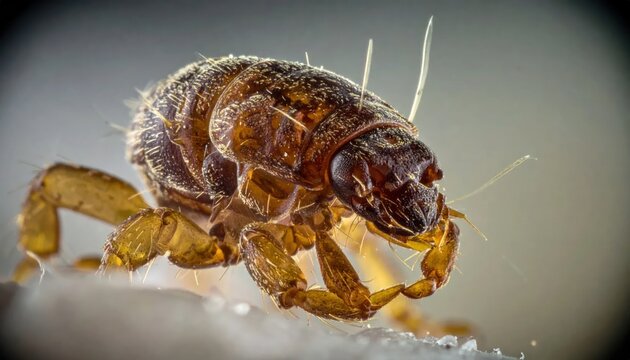 Side profile macro of small brown wingless insect.
