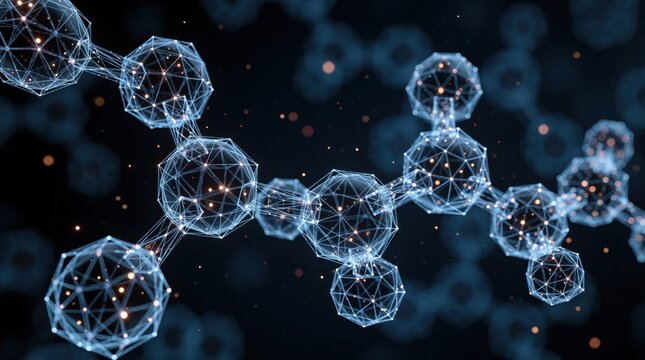 3D render of blue GLP-1 molecule structure. Glowing peptide chain shows medical diabetes treatment concept. Digital scientific model exhibits complex chemical bonds in cyberspace. Tiny floating dots