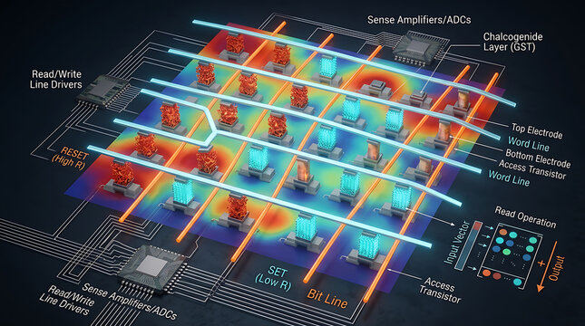 Photorealistic Phase Change Memory PCM Crossbar Array Compute In Memory SET RESET States 3D