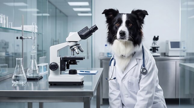 Border collie dog wearing a white lab coat and stethoscope sitting in a science laboratory next to a microscope.