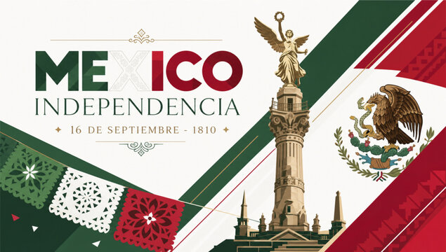 216 Viva Mexico Independence Day Banner with Mexican Flag and Patriotic Geometric Background. Viva Mexico typography, waving Mexican flag, national emblem, and elegant geometric tricolor design.