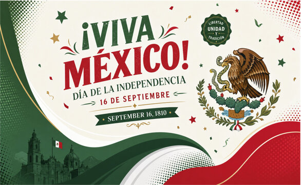 216 Viva Mexico Independence Day Banner with Mexican Flag and Patriotic Geometric Background. Viva Mexico typography, waving Mexican flag, national emblem, and elegant geometric tricolor design.