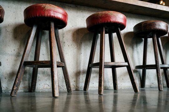 Vintage wooden bar stools with red leather seats stand against concrete wall. Three rustic stools line bar counter in dimly lit pub restaurant interior. Old fashioned furniture creates retro
