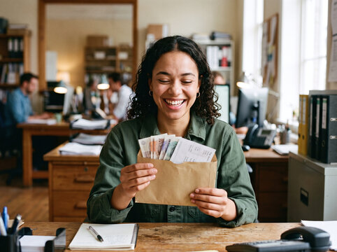 Happy young professional woman holding her first paycheck cash in the office.