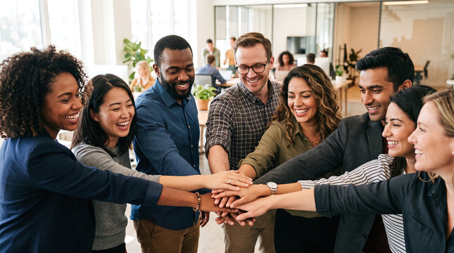 Diverse group of happy coworkers stacking hands together in a modern office.