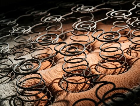 Close-up of old rusty mattress springs coiled over worn orange fabric. The textured metal and textile create a vintage grunge feel. Ideal for background or abstract concepts.