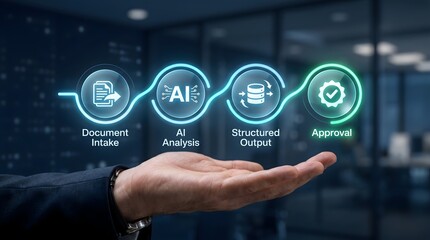 Fototapeta premium Automated document processing workflow interface showing artificial intelligence analysis and structured output phases for business administration
