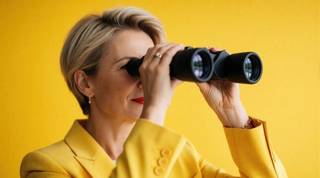 Blonde businesswoman looks through binoculars against yellow wall. Pro person uses optic device for distant vision exploration. Female boss searches new opportunities with focus. Success oriented
