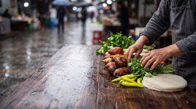 Hands holding steaming bao buns at a street market stall
