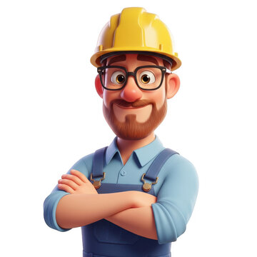 Friendly cartoon builder wearing a yellow hard hat and blue overalls isolated on transparent background