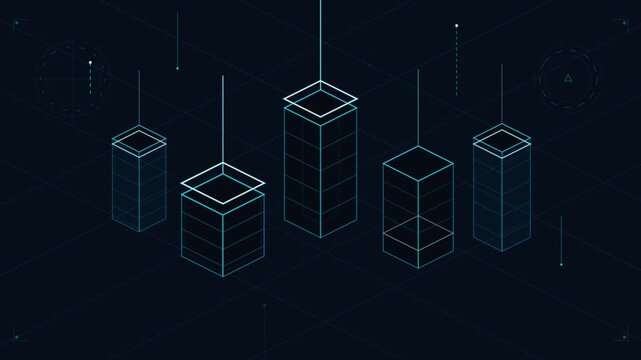 Isometric digital data visualization with fluctuating blue cubes