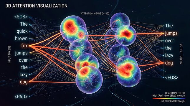 Semi Transparent 3D Transformer Attention Pattern Visualization Attention Heads Overlapping Spheres Heat Coloring