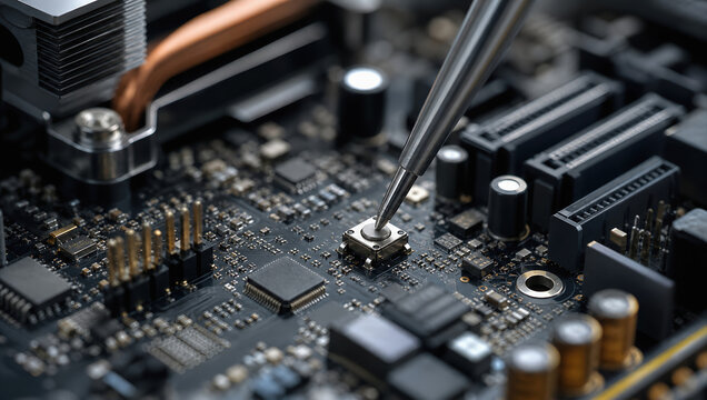 Close up circuit board electronic component soldering repair technology computer hardware motherboard close up circuit board electronic component