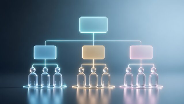 Glowing neon organizational chart with transparent human figures representing modern corporate hierarchy and dynamic team structure