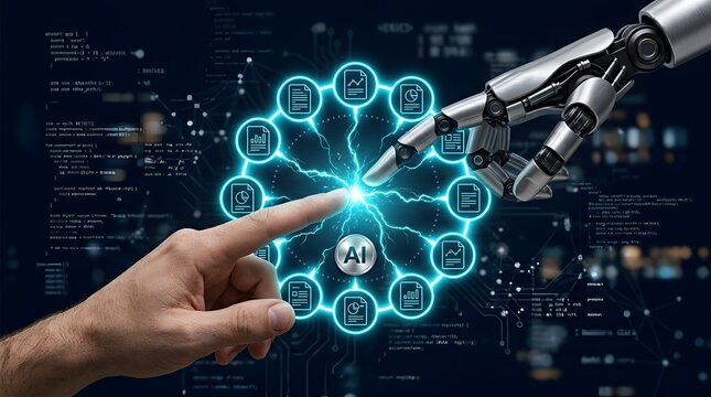 Artificial intelligence document management interface with human and robot hands representing collaborative automated data processing