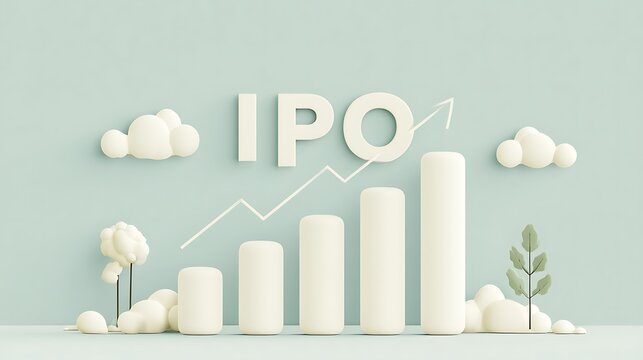 A 3D bar chart showing growth with IPO text on a soft background. It illustrates financial success and market trends.
