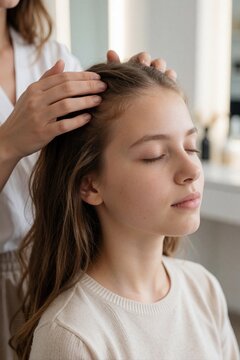 Pro cosmetologist performs head massage for young woman in modern beauty salon. Specialist applies essential oil during hair restoration procedure. Client relaxes with closed eyes expert provides