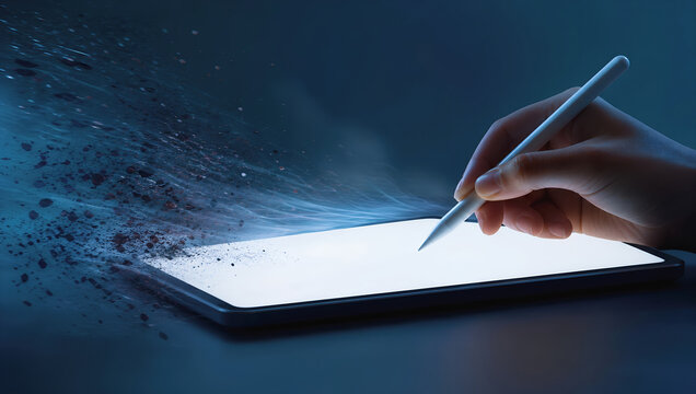 Digital tablet stylus hand creativity design art technology glow abstract energy swirl around digital tablet as stylus hand creates bright