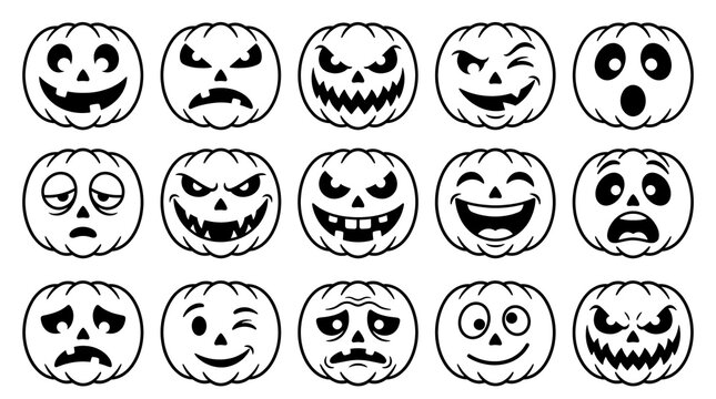 Halloween pumpkin faces set. Collection of spooky jack-o-lantern expressions.