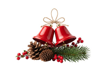Obraz premium Red Christmas bells with pinecone and fir branch decor