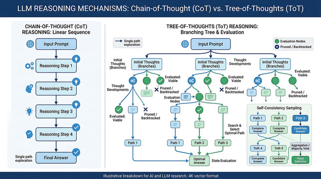 Technical Chain of Thought vs Tree of Thoughts CoT ToT Reasoning Linear Sequence Branching Evaluation Diagram