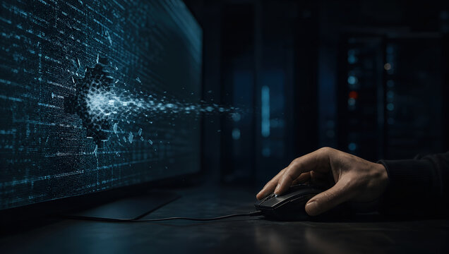 Cybersecurity hacking data breach computer monitor mouse hand hacker digital network Cybersecurity hacking data breach concept with hand mouse