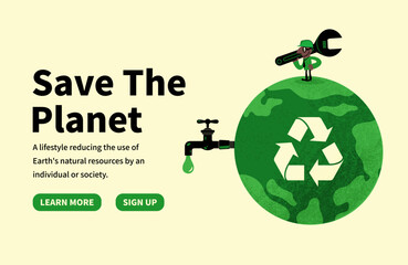 Flat vector of a technician holding a giant wrench on a planet Earth with a dripping faucet and a recycling symbol. For water conservation, environmental repair, and sustainable resource management.