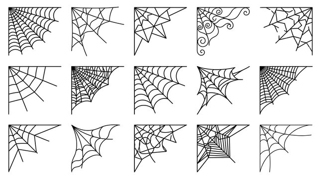Set of spider web corner designs. Halloween vector cobweb elements for festive decoration.