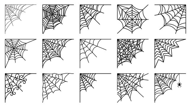 Set of spider web corner designs. Halloween cobweb vector illustrations for decoration.