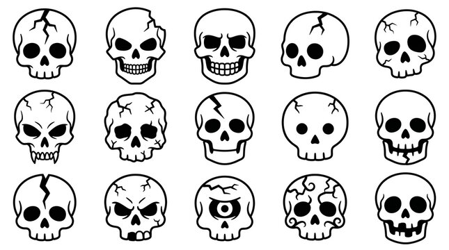 Set of pixel art skulls. Collection of retro 8-bit skull icons for game design.