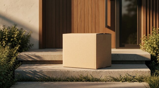 Cardboard box waits on concrete stpic near wooden front door. Evening sunlight casts soft shadows. Delivered parcel sits on house entrance porch. Plain package outdoor.