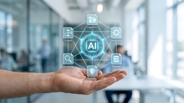 Artificial intelligence data processing lifecycle diagram hovering over hand representing enterprise machine learning architecture and secure network storage