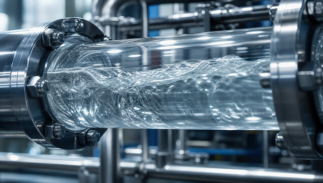 Industrial pipe clear water fluid flow stainless steel clean liquid sanitation modern factory transparent tube metal pipeline hygiene drink water