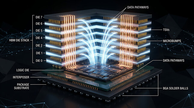 Dark Background 3D HBM High Bandwidth Memory AI Accelerator Die Stacking TSV Microbump Cross Section