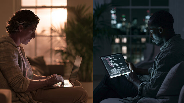 This creative split-screen image illustrates two contrasting perspectives of modern remote work and software development