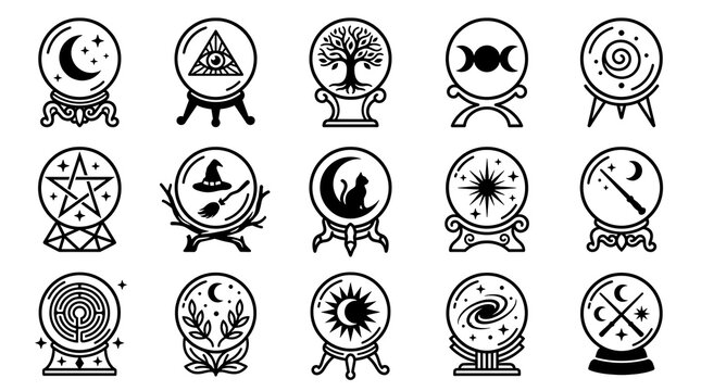 Crystal ball icon set. Vector collection of magic spheres with mystical symbols.