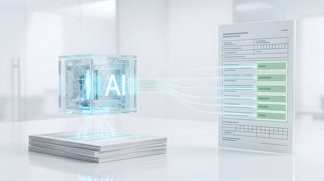 Artificial intelligence document analysis extracting data from physical paperwork into digital forms via glowing processor cube for business automation