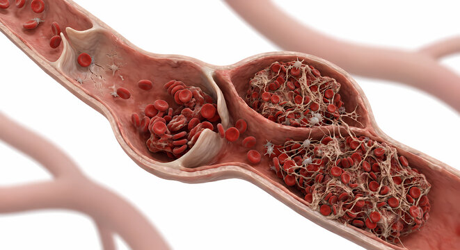 Longitudinal Cutaway View of Vein Valve with Accumulated Blood Clot and Trapped Erythrocytes