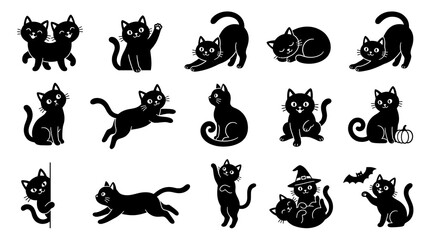 Obraz premium Set of cute black cat silhouettes. Collection of funny kitten icons in various poses.