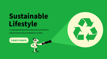 Businessman shining a flashlight to reveal a green recycling symbol on a green background. For environmental awareness, green solutions, and sustainable lifestyle promotional web banners.