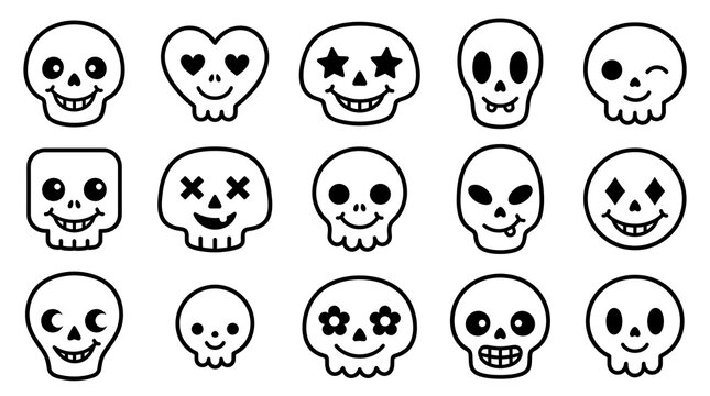 Set of cute pixel art skulls. Kawaii skull icons with various facial expressions.