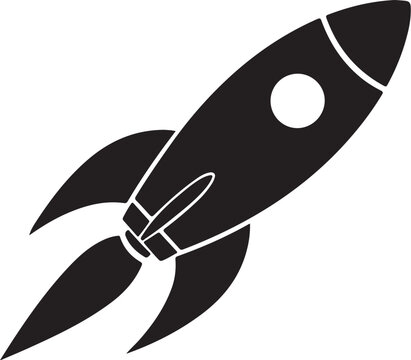 Black silhouette of a rocket ship flying diagonally with a circular window