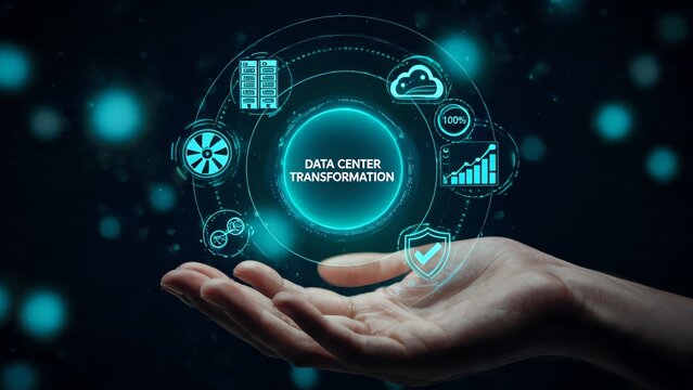Futuristic Data Center Digital Transformation Hologram Held in Human Palm Wide Banner