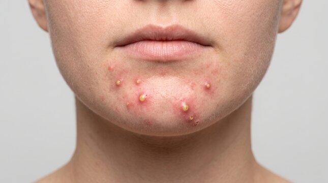 Close up of female chin with severe pustular acne and whiteheads, hormonal skin breakout and dermatology concept.