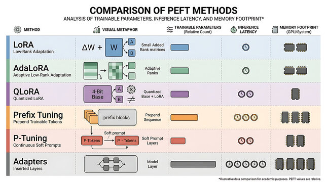 Minimalist PEFT Methods Comparison LoRA QLoRA AdaLoRA Prefix Tuning Adapters Trainable Parameters