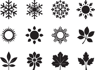 Obraz premium Collection of black silhouettes featuring snowflake sun and various botanical leaves
