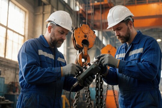 Two male industrial workers in blue overalls and white hard hats inspect a crane control pendant. They stand inside a factory near heavy lifting equipment and chains.