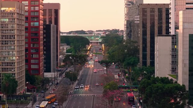 Stunning golden dusk light over the Curitiba Parana skyline, Parana, Brazil