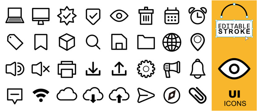 Editable stroke minimalist UI icon vector set. Comprehensive outline element pack for web and app design.