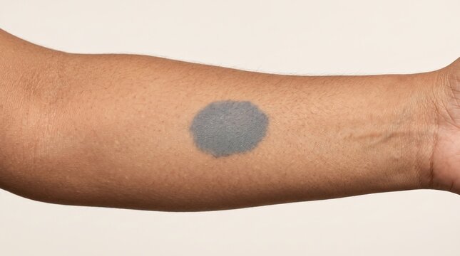 Close up of grey birthmark, nevus or mongolian spot skin pigmentation on human forearm, dermatology and healthcare concept